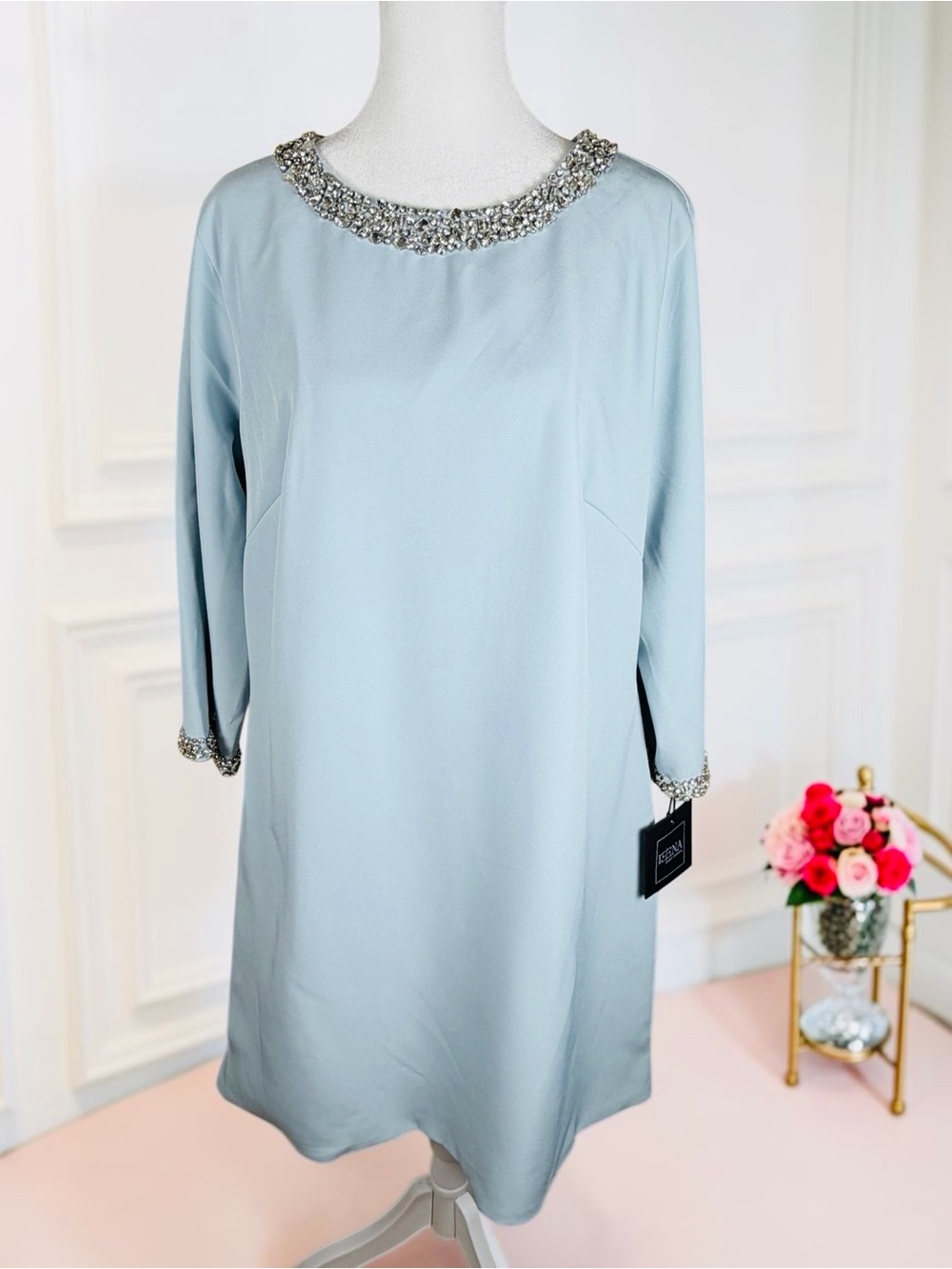 NWT Ieena Mac Duggal Sea Blue Crystal A-Line Embellished Cocktail Dress L